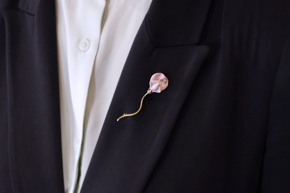 Enamel American Flower Brooch In 14k Gold, Tiffany & Co’s Style, Sweet Pea, American Jewelry-photo-2