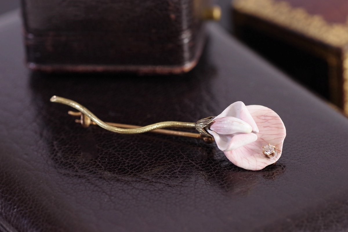 Enamel American Flower Brooch In 14k Gold, Tiffany & Co’s Style, Sweet Pea, American Jewelry-photo-1
