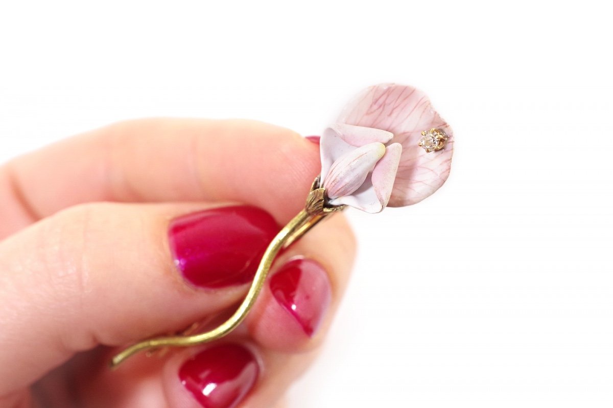 Enamel American Flower Brooch In 14k Gold, Tiffany & Co’s Style, Sweet Pea, American Jewelry-photo-4