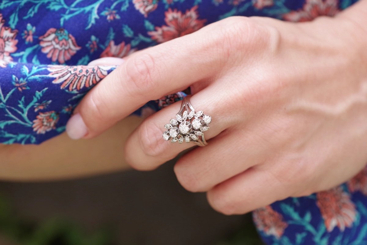 Bague Marquise Diamants En Or 18k, Bague De Fiançailles, Diamant Taille Brillant, Bague Vintage-photo-5