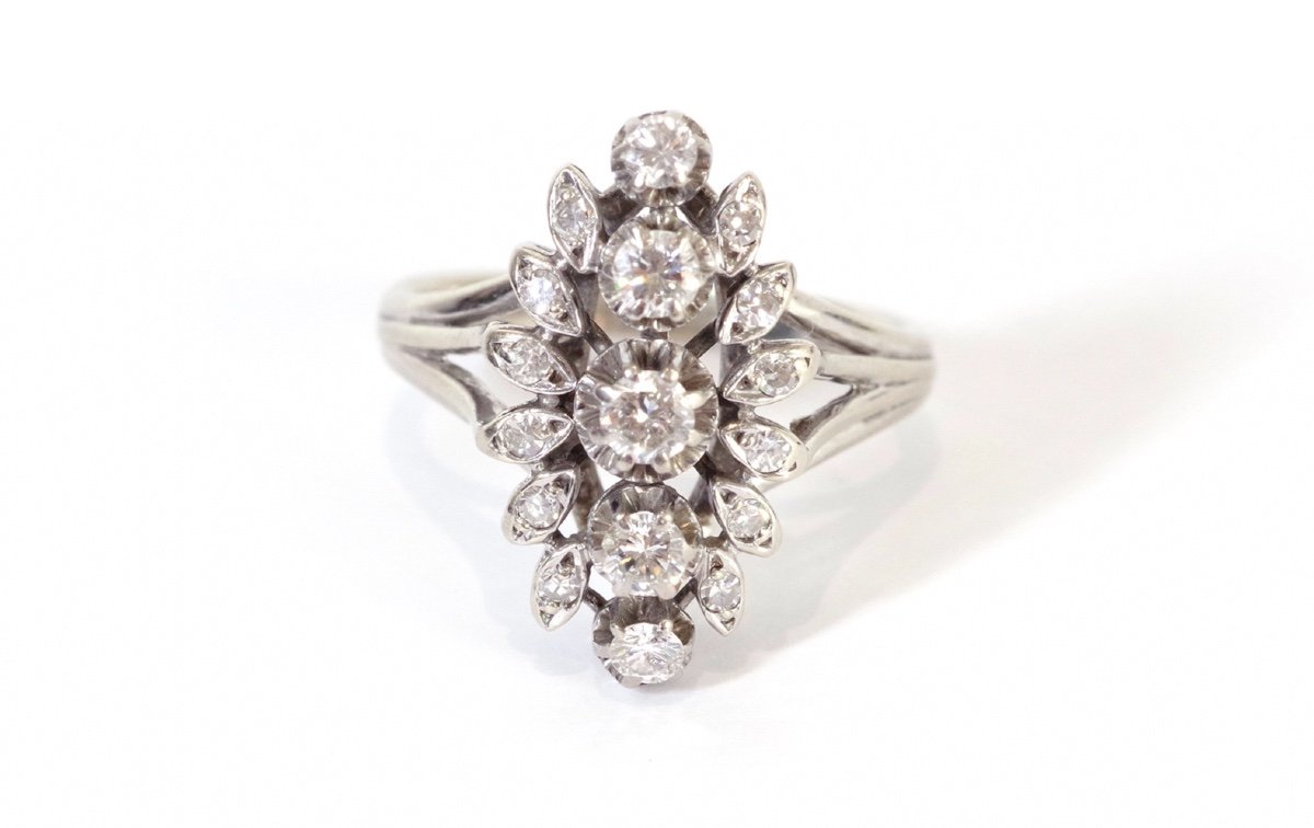 Navette Diamond Ring In 18k White Gold, Navette Ring, Diamond Wedding Ring, Brilliant-cut