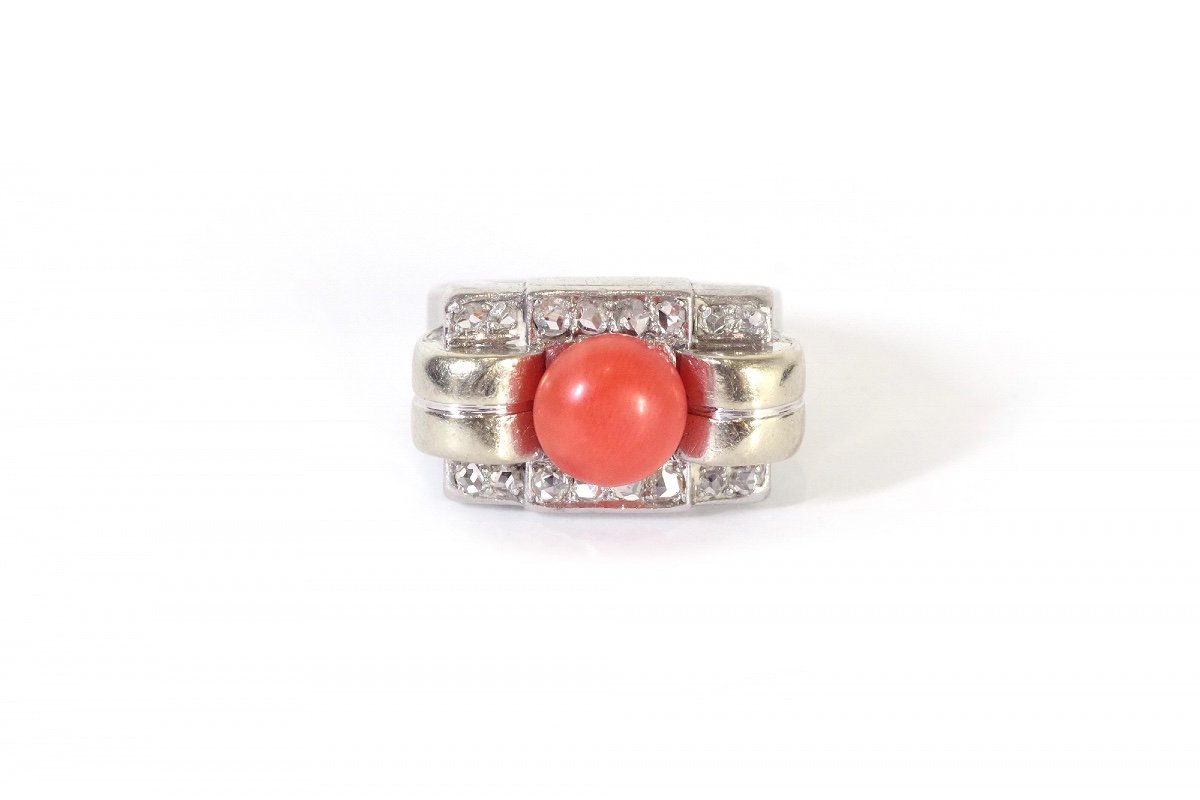 Tank Coral Diamond Ring in 18k Gold And Platinum, Tank Ring, Cabochon Cut Coral, Antique Ring, Retro Jewelry-photo-2