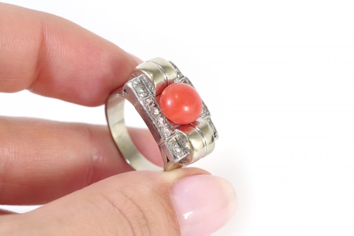 Tank Coral Diamond Ring in 18k Gold And Platinum, Tank Ring, Cabochon Cut Coral, Antique Ring, Retro Jewelry-photo-3