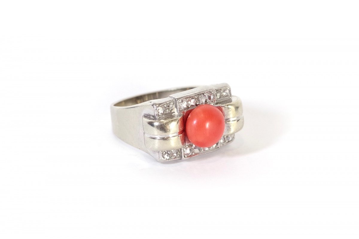 Tank Coral Diamond Ring in 18k Gold And Platinum, Tank Ring, Cabochon Cut Coral, Antique Ring, Retro Jewelry-photo-4