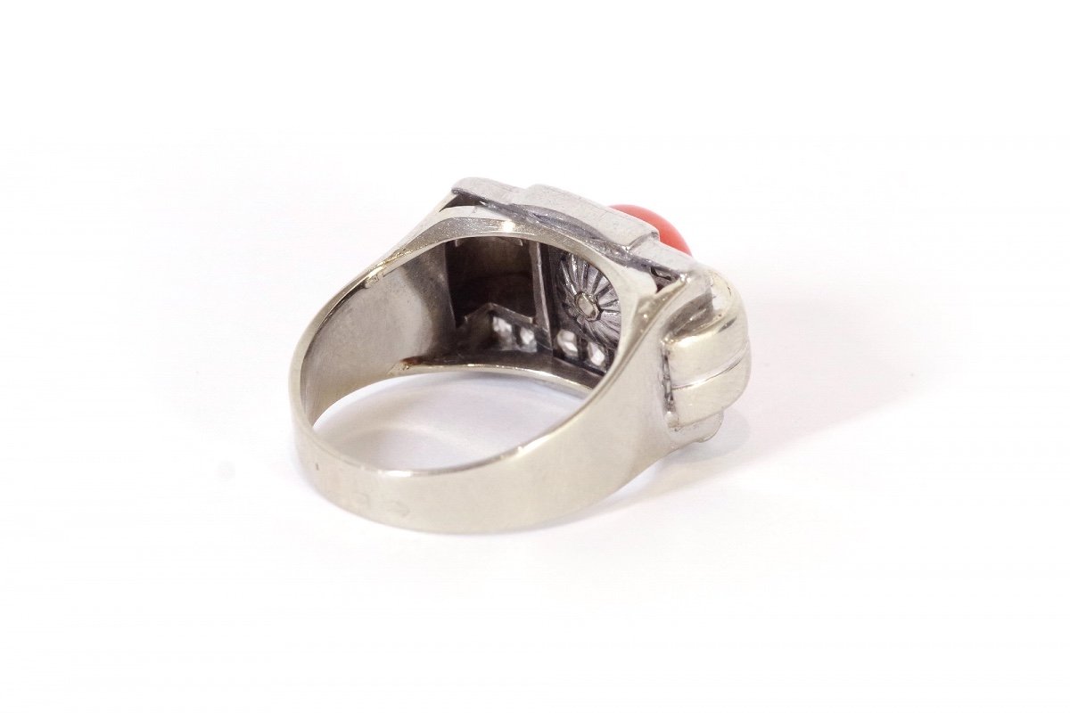 Bague Tank Diamants Corail En Or 18k Et Platine, Bague Tank, Cabochon Corail-photo-1