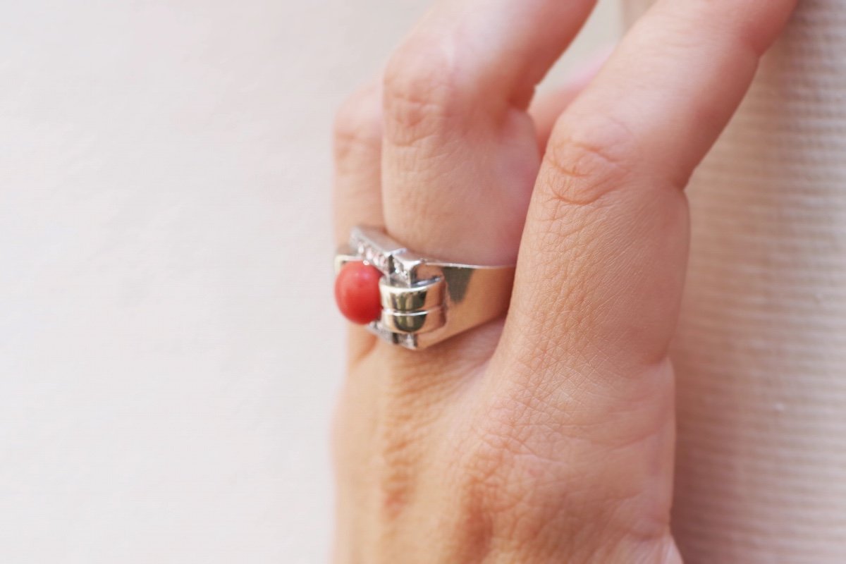 Tank Coral Diamond Ring in 18k Gold And Platinum, Tank Ring, Cabochon Cut Coral, Antique Ring, Retro Jewelry-photo-2