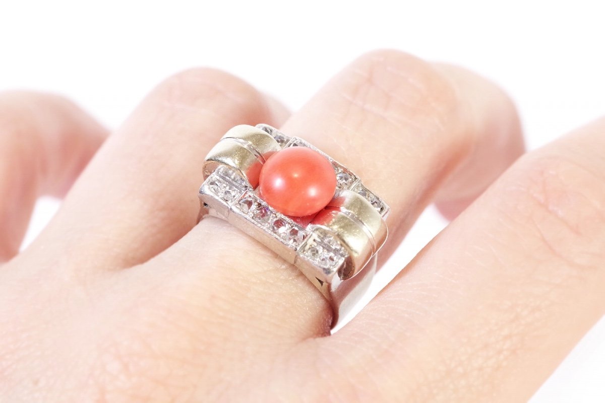 Tank Coral Diamond Ring in 18k Gold And Platinum, Tank Ring, Cabochon Cut Coral, Antique Ring, Retro Jewelry-photo-3