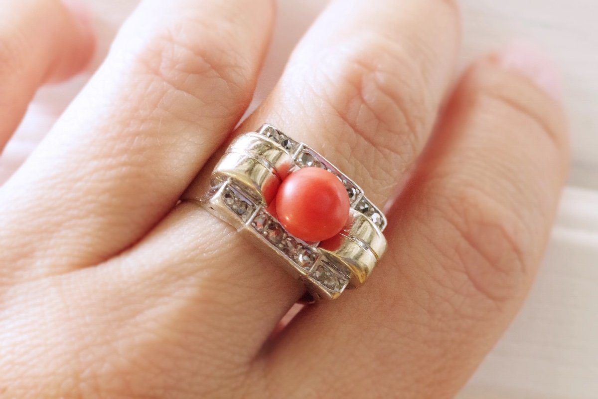 Tank Coral Diamond Ring in 18k Gold And Platinum, Tank Ring, Cabochon Cut Coral, Antique Ring, Retro Jewelry-photo-4