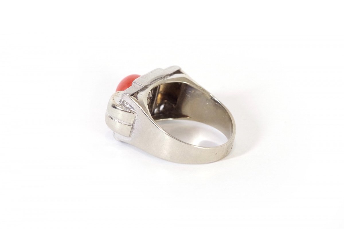 Bague Tank Diamants Corail En Or 18k Et Platine, Bague Tank, Cabochon Corail-photo-5