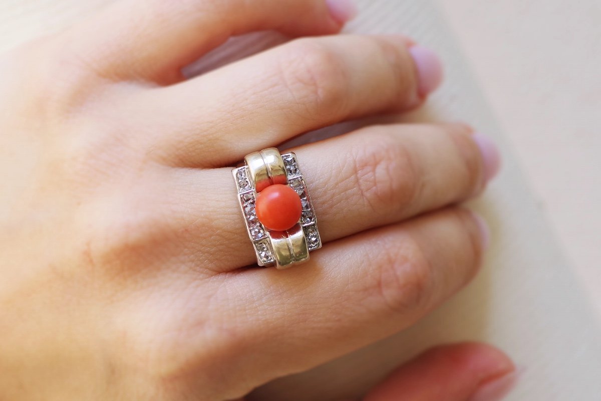 Tank Coral Diamond Ring in 18k Gold And Platinum, Tank Ring, Cabochon Cut Coral, Antique Ring, Retro Jewelry-photo-6