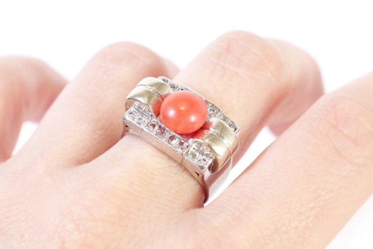 Bague Tank Diamants Corail En Or 18k Et Platine, Bague Tank, Cabochon Corail