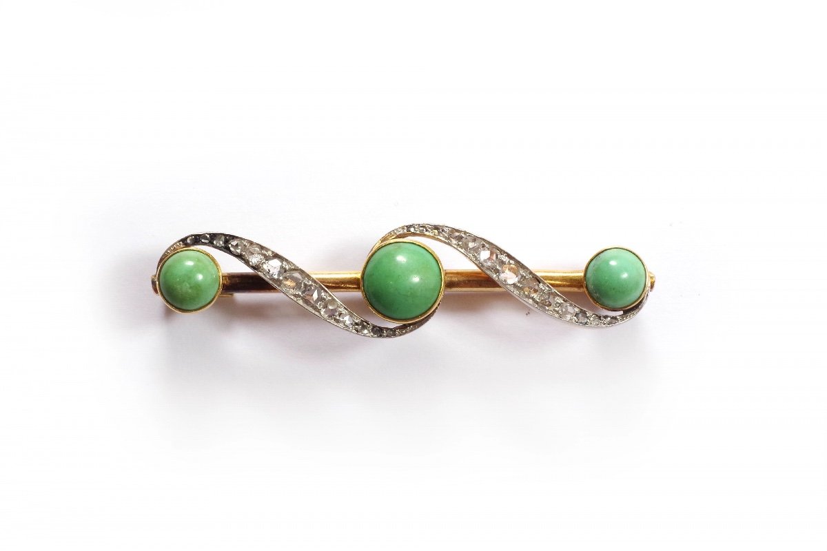 Broche Barrette Turquoises Diamants En Or 18k Et Platine, Diamants Taille Rose, Cabochons-photo-3
