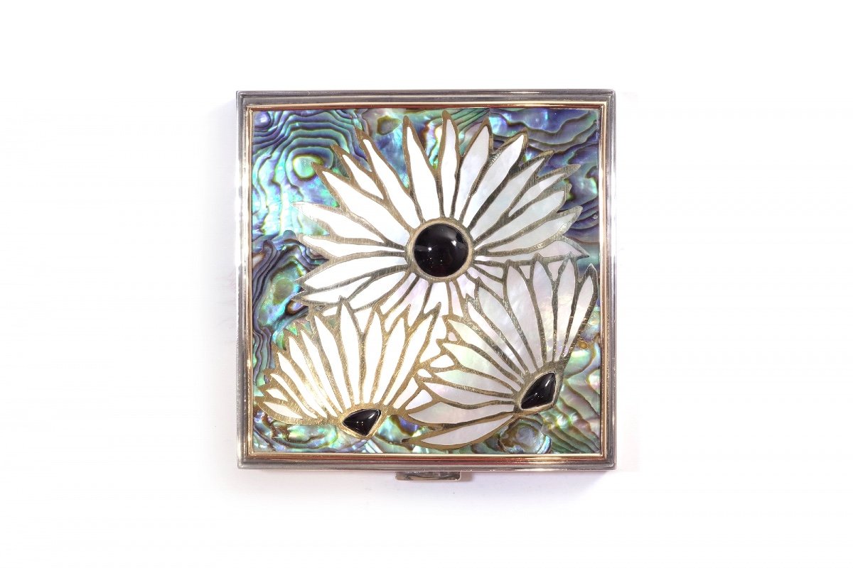 Abalone Silver Powder Compact With Mother-of-pearl Flowers In Silver, Antique Box-photo-2