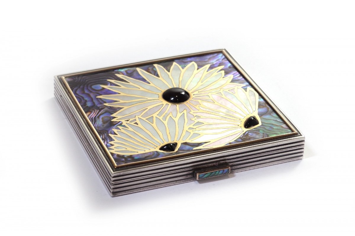 Abalone Silver Powder Compact With Mother-of-pearl Flowers In Silver, Antique Box-photo-2