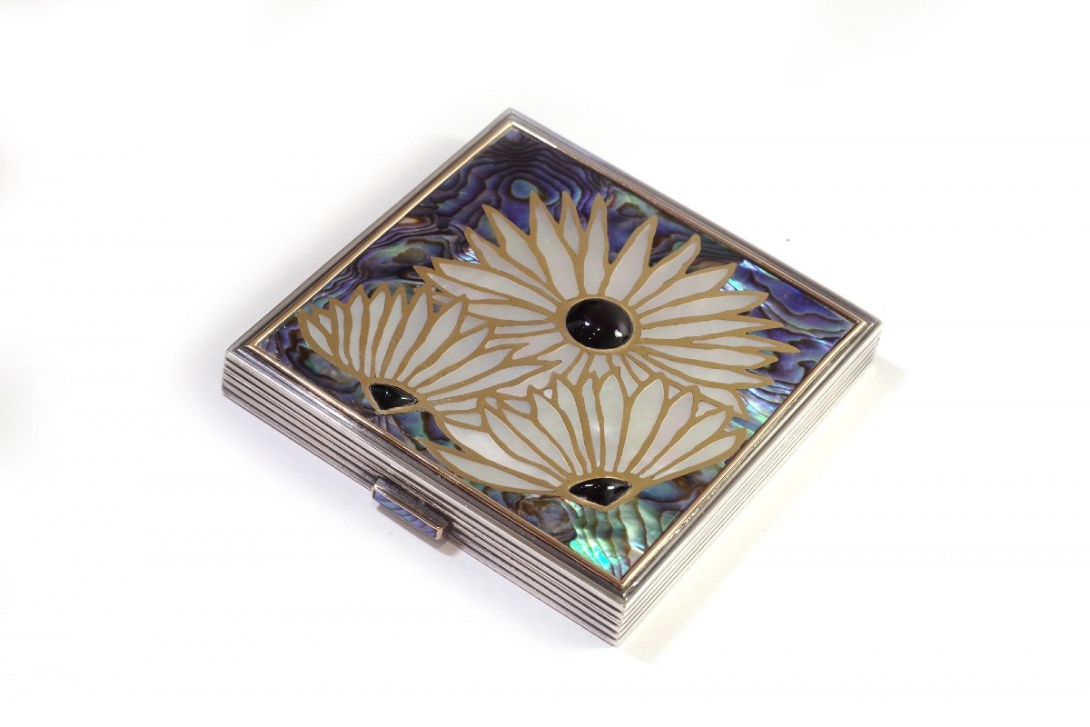 Abalone Silver Powder Compact With Mother-of-pearl Flowers In Silver, Antique Box-photo-3