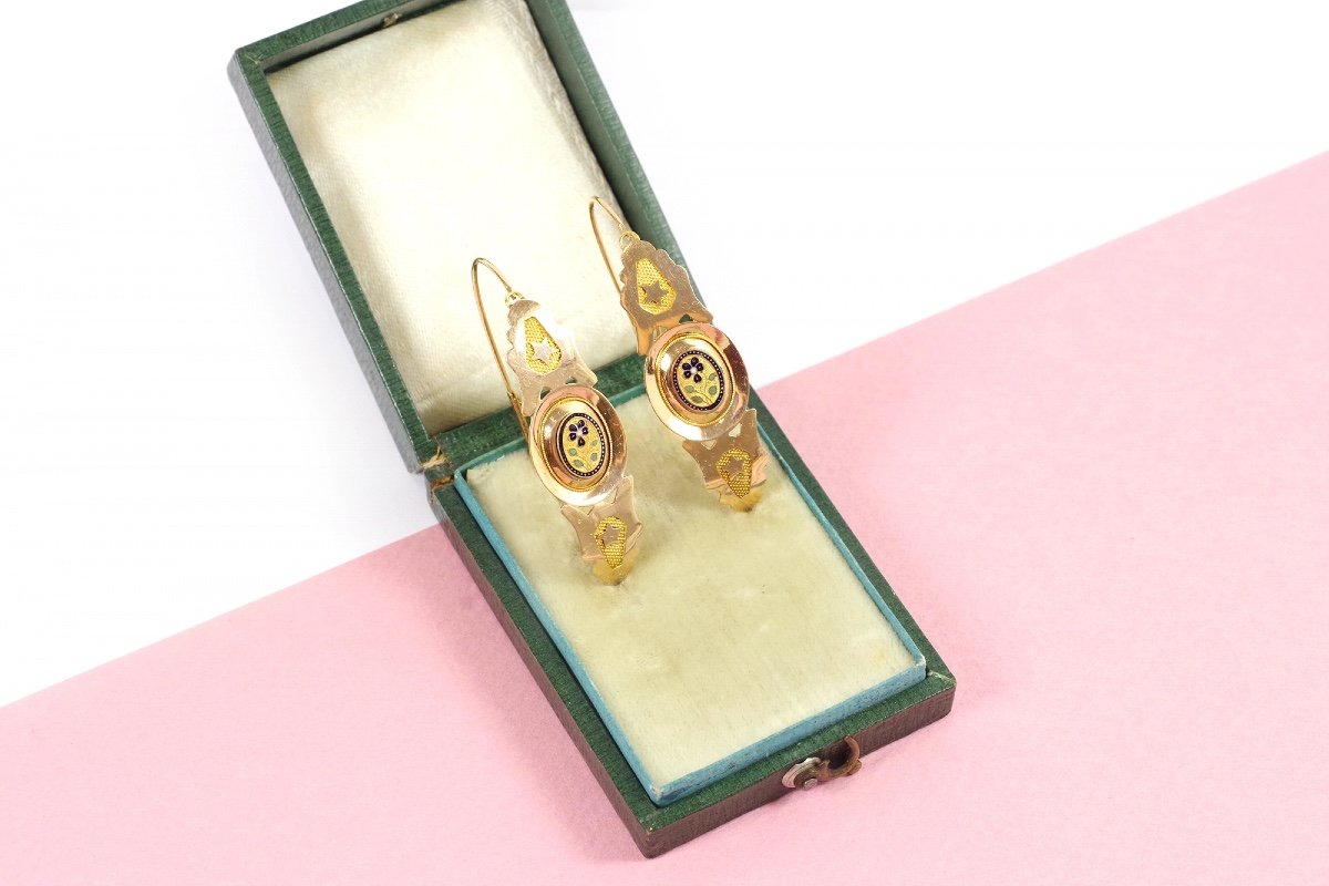 Grandes Poissardes Régionales émaillées En Or Rose, Boucles d'Oreille Anciennes-photo-3
