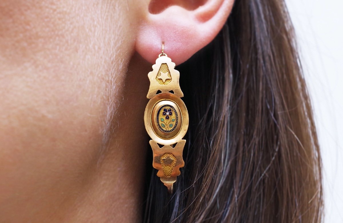 Grandes Poissardes Régionales émaillées En Or Rose, Boucles d'Oreille Anciennes