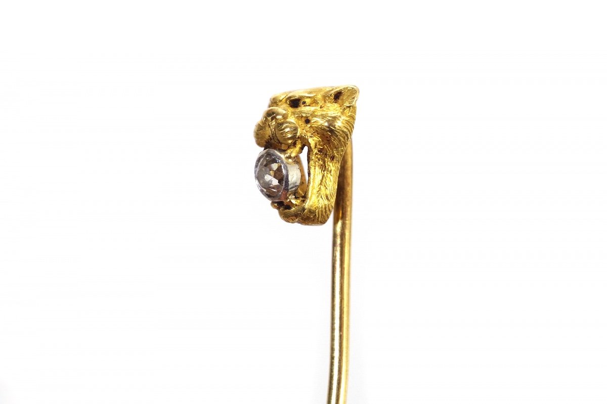 Edwardian Lioness Tie Pin In 18k Gold And Platinum, Old Mine Cut Diamond, Animal Jewelry, Lion-photo-2