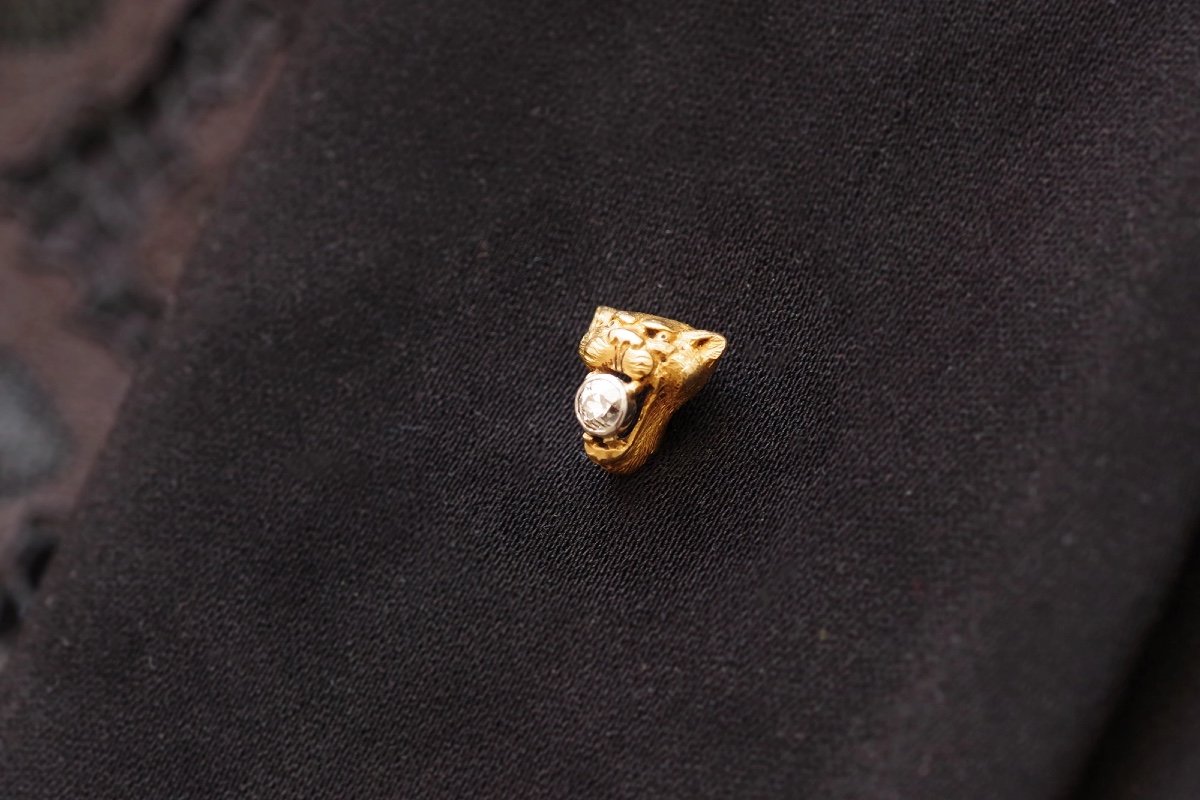 Edwardian Lioness Tie Pin In 18k Gold And Platinum, Old Mine Cut Diamond, Animal Jewelry, Lion-photo-1