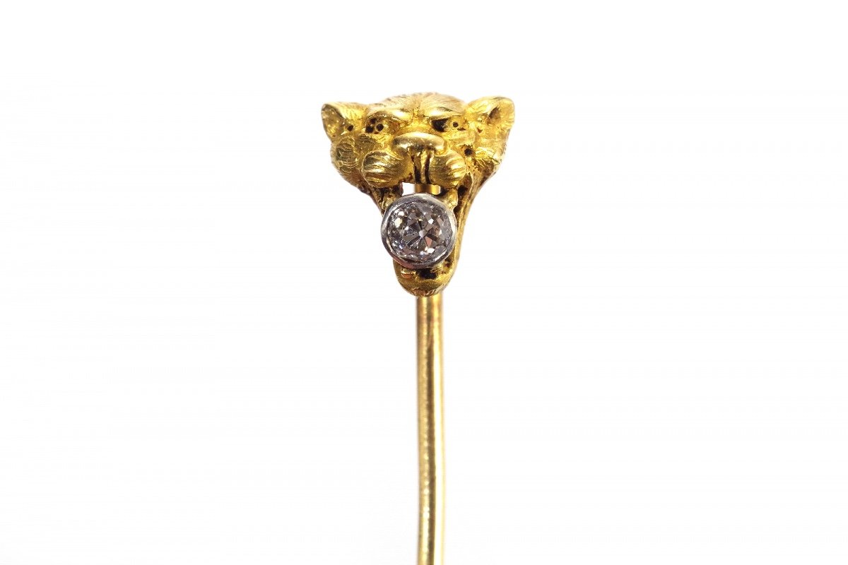 Edwardian Lioness Tie Pin In 18k Gold And Platinum, Old Mine Cut Diamond, Animal Jewelry, Lion