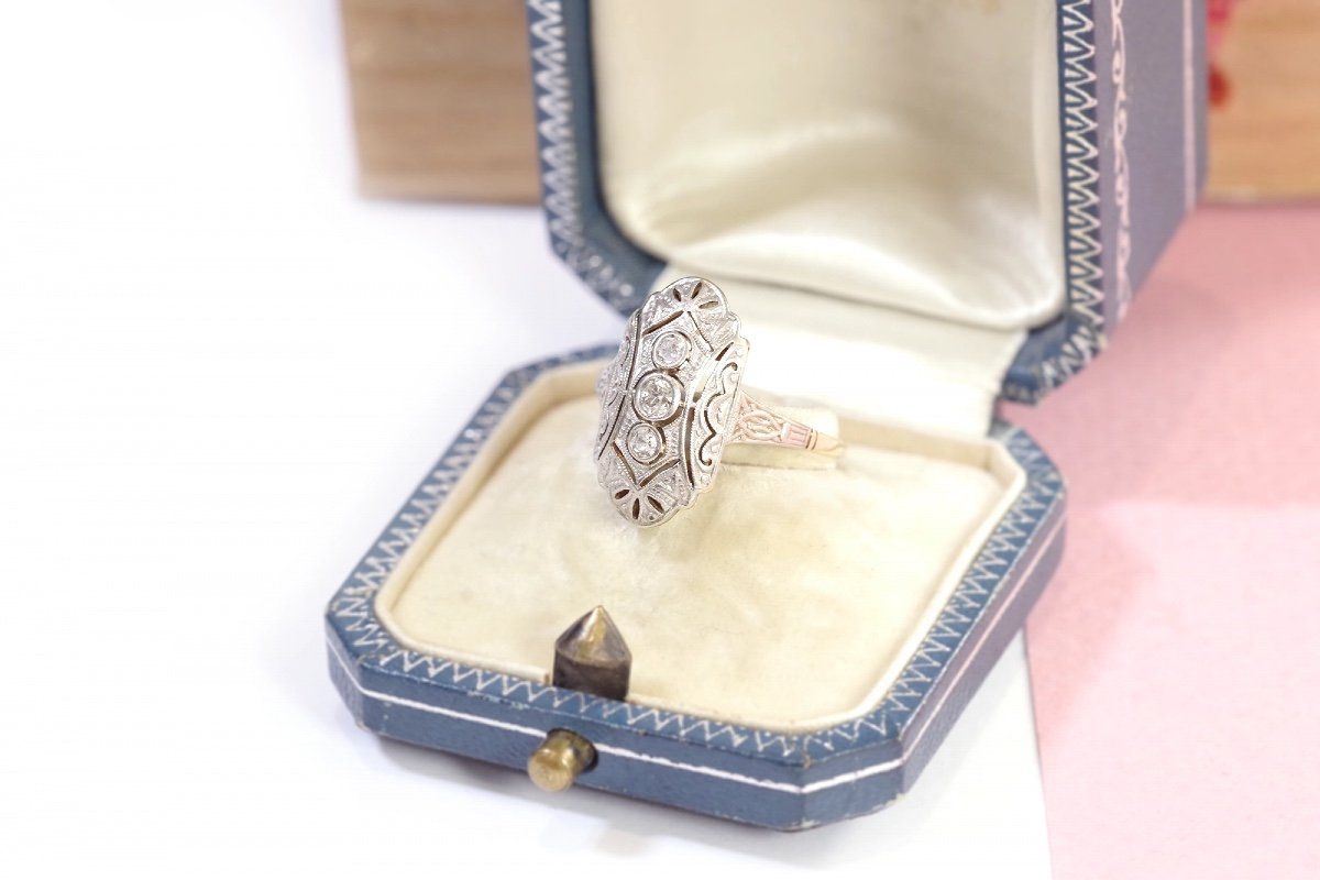 Art Deco Diamond Ring in 14k Gold And Platinum, Wedding Ring, Old Mine Cut Diamond-photo-4