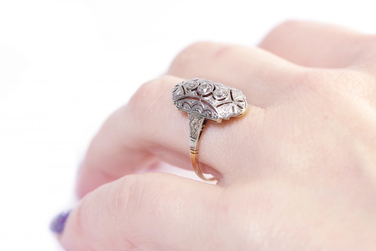 Art Deco Diamond Ring in 14k Gold And Platinum, Wedding Ring, Old Mine Cut Diamond-photo-4