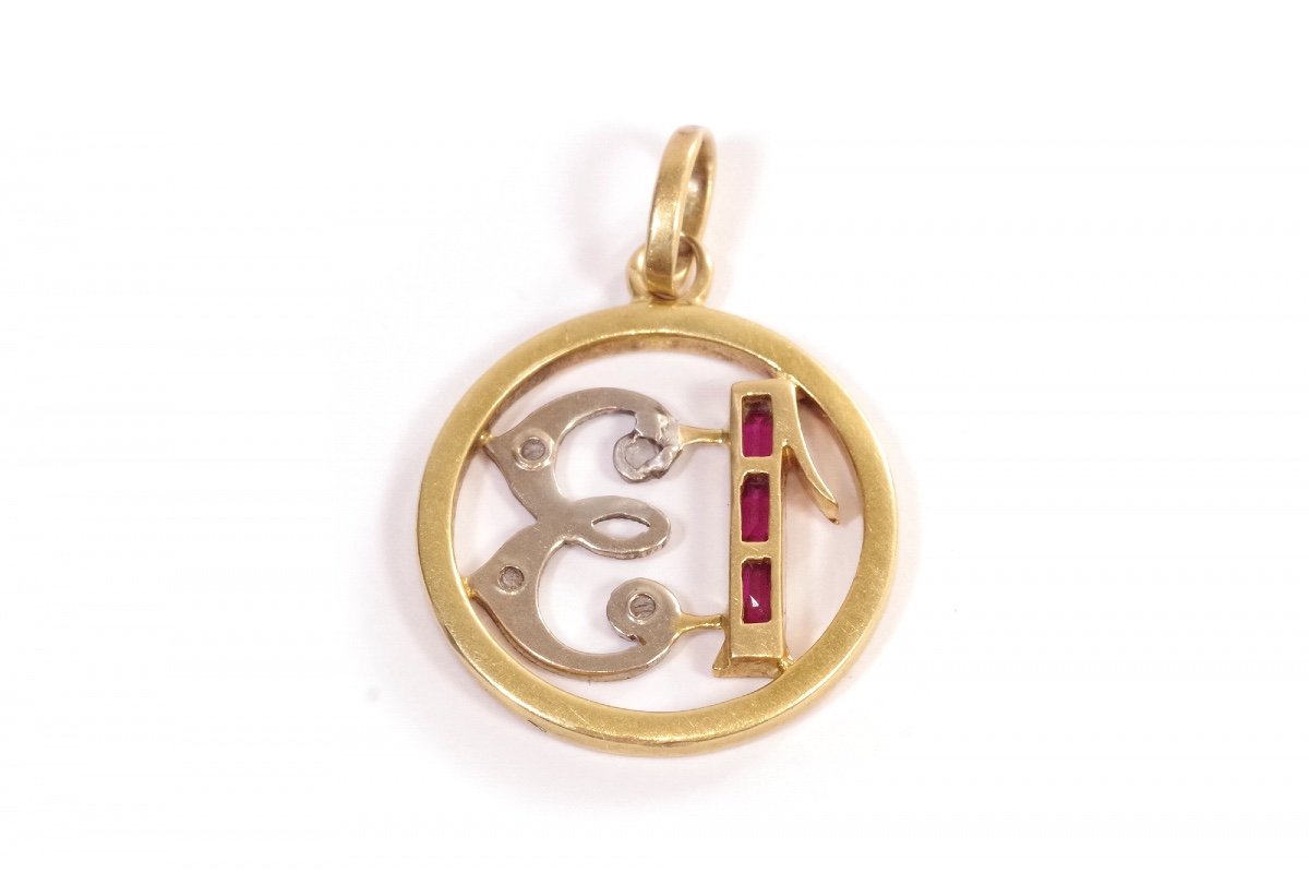 Art Deco Edwardian Pendant 13 In 18k Gold And Platinum, Lucky Number, Luck, Rose Cut Diamond-photo-2