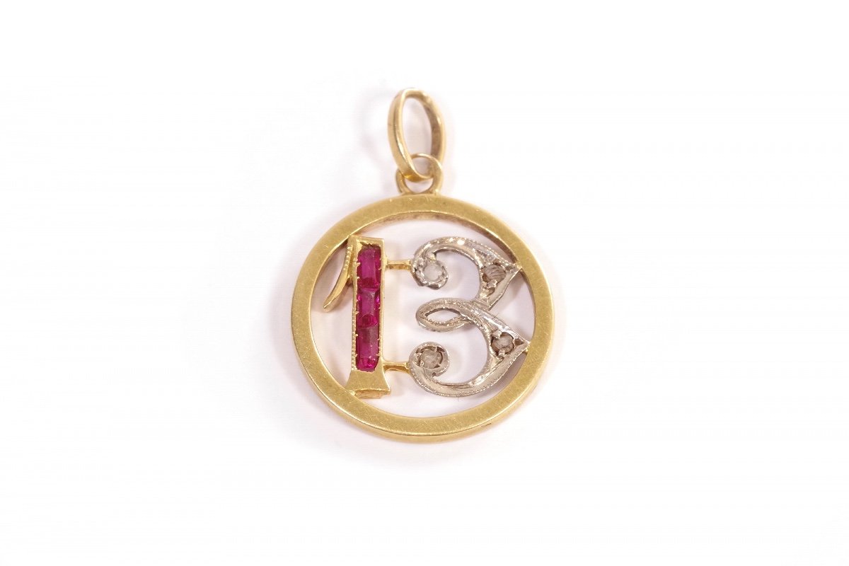 Art Deco Edwardian Pendant 13 In 18k Gold And Platinum, Lucky Number, Luck, Rose Cut Diamond-photo-3