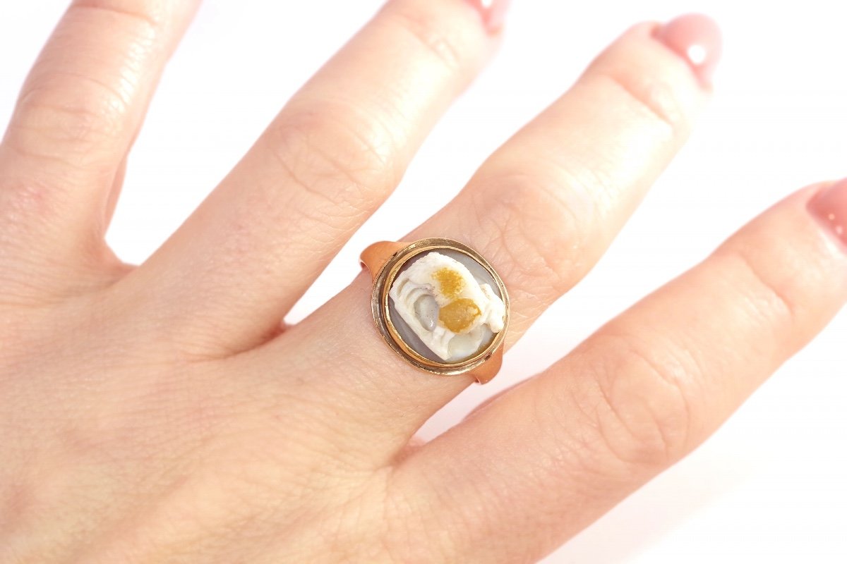 Antique Ram Cameo Ring In 14k Gold, Roman Cameo, Goat Cameo, Agate, Antique Jewelry-photo-3