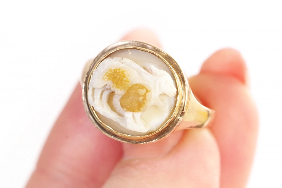 Antique Ram Cameo Ring In 14k Gold, Roman Cameo, Goat Cameo, Agate, Antique Jewelry-photo-4