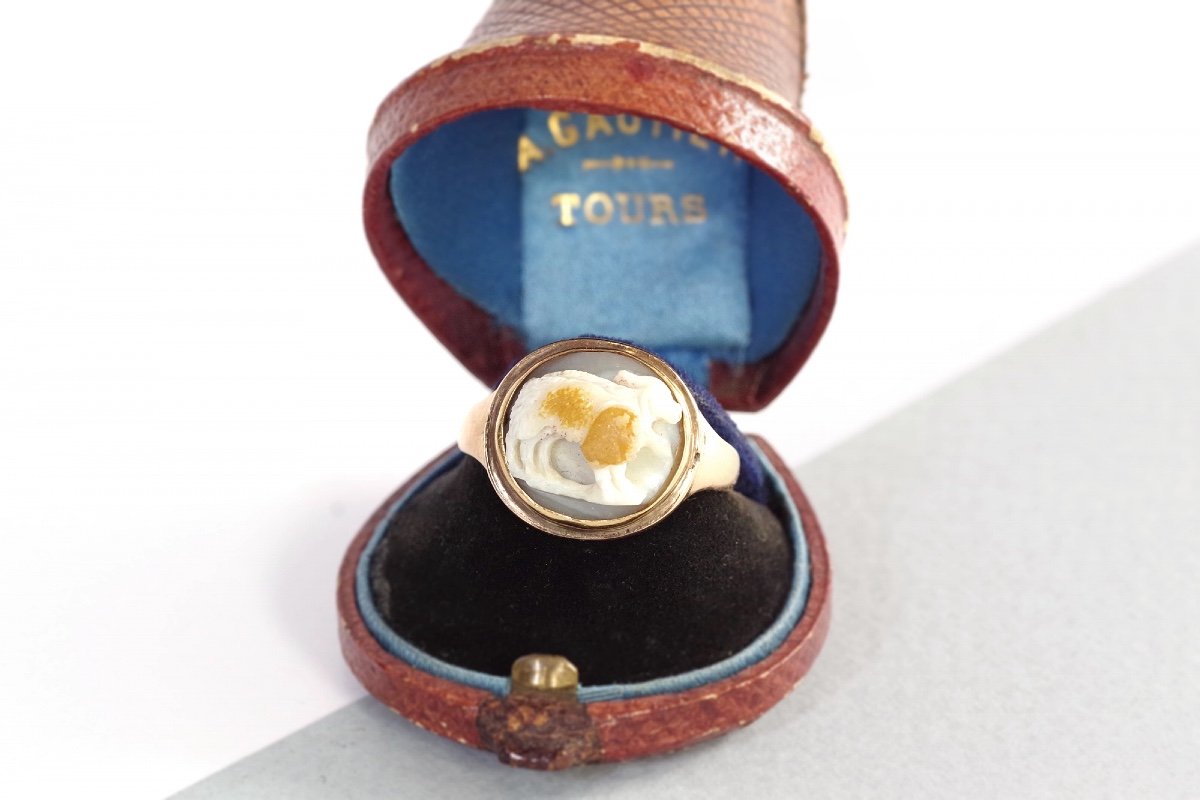 Antique Ram Cameo Ring In 14k Gold, Roman Cameo, Goat Cameo, Agate, Antique Jewelry