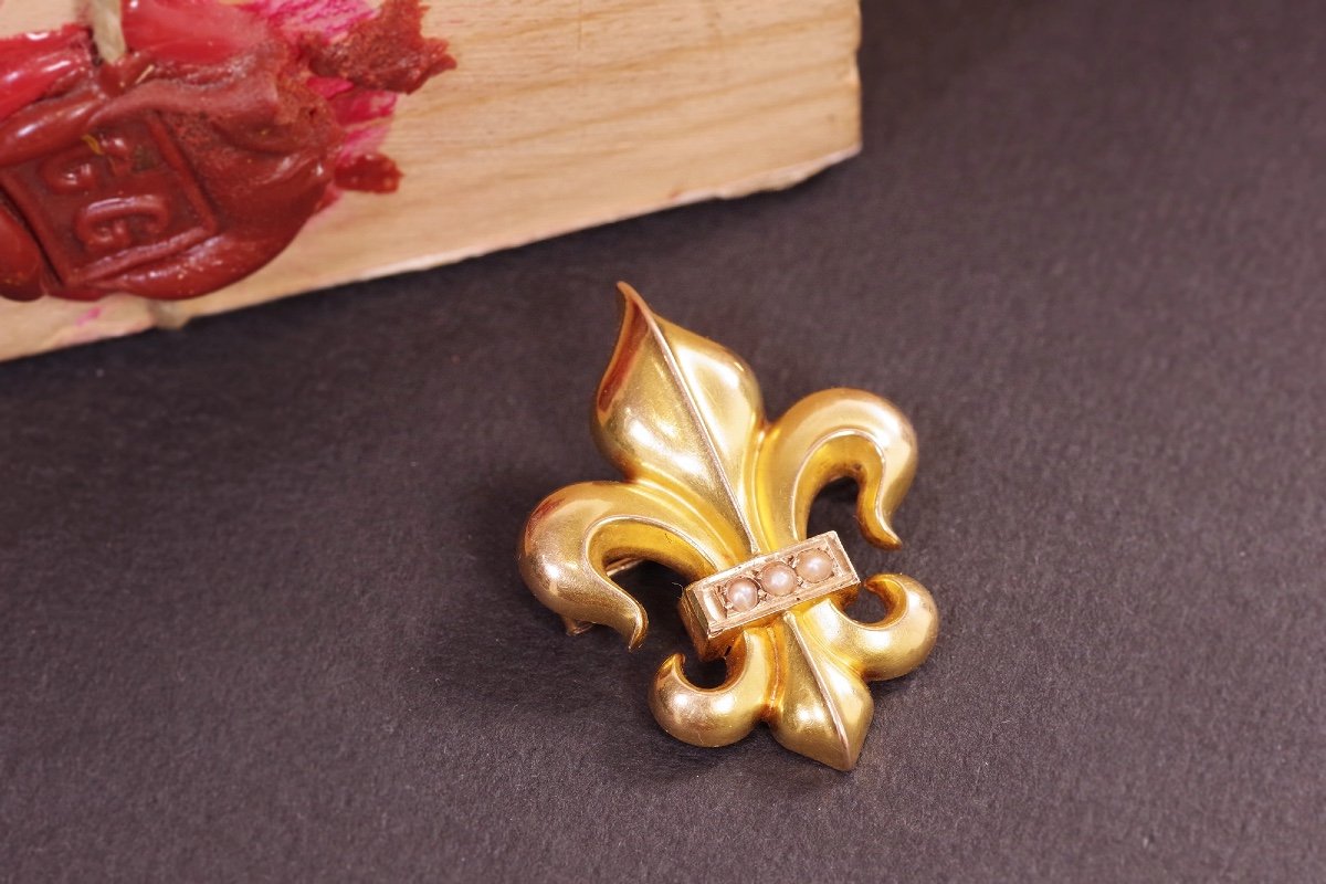 Broche Fleur De Lys En Or Jaune 18k, Broche Ancienne, Perles Fines, Bijou Ancien-photo-1