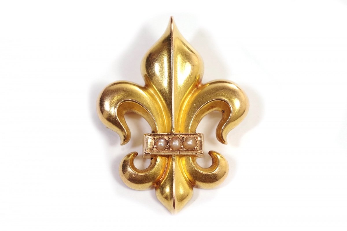 Broche Fleur De Lys En Or Jaune 18k, Broche Ancienne, Perles Fines, Bijou Ancien