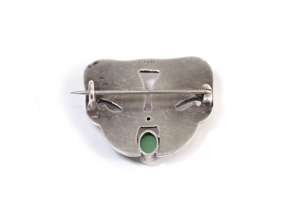 Jugendstil Silver Brooch In Silver, Green Glass Cabochons, Pforzheim, 1900, Antique Jewelry-photo-2