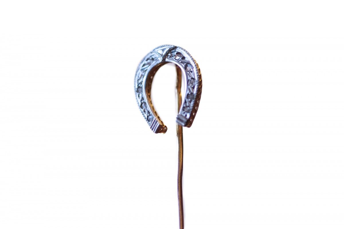 Art Deco Diamond Horseshoe Pin In 18k Gold, Lucky Horseshoe Tie Pin, Jewelry For Men, Diamond-photo-2