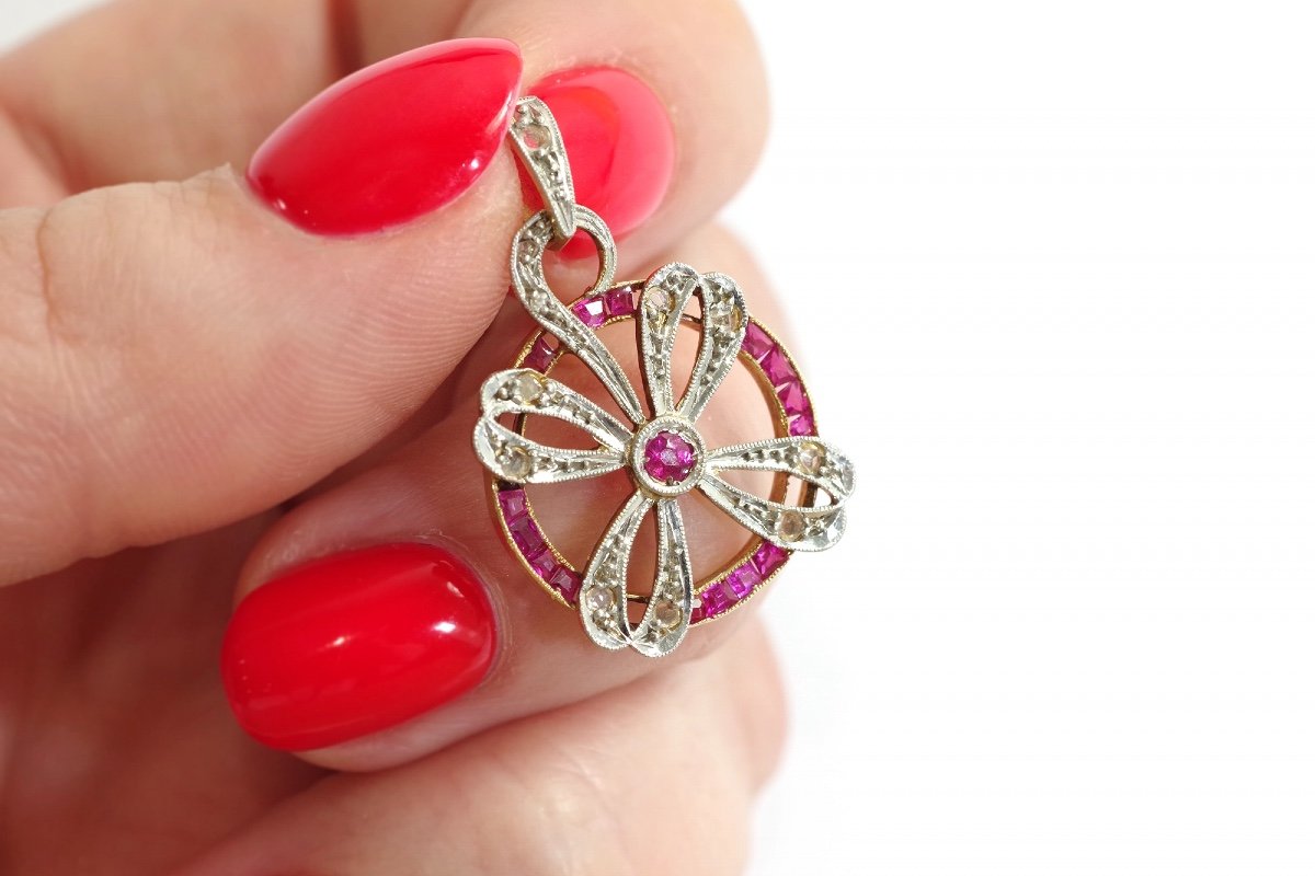 Art Deco Clover Ruby Pendant In Platinum And 18k Gold, Rose-cut Diamonds, Lucky Pendant-photo-2