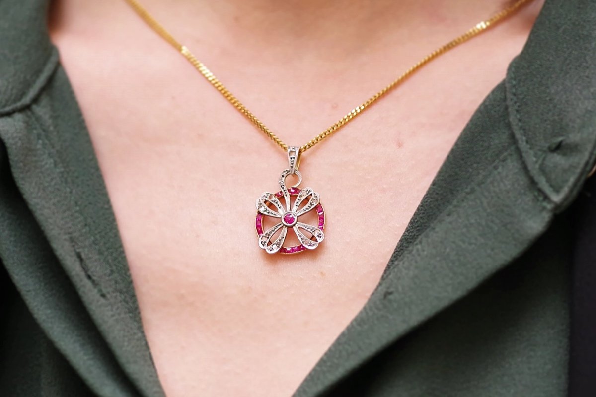 Art Deco Clover Ruby Pendant In Platinum And 18k Gold, Rose-cut Diamonds, Lucky Pendant-photo-3