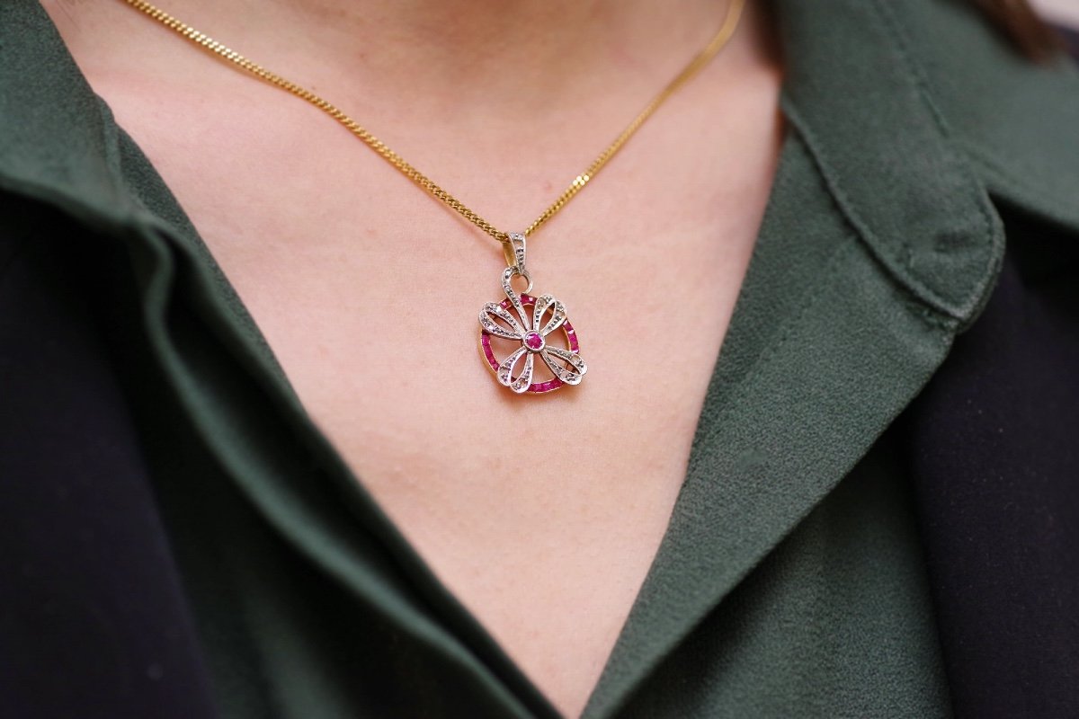 Art Deco Clover Ruby Pendant In Platinum And 18k Gold, Rose-cut Diamonds, Lucky Pendant-photo-2