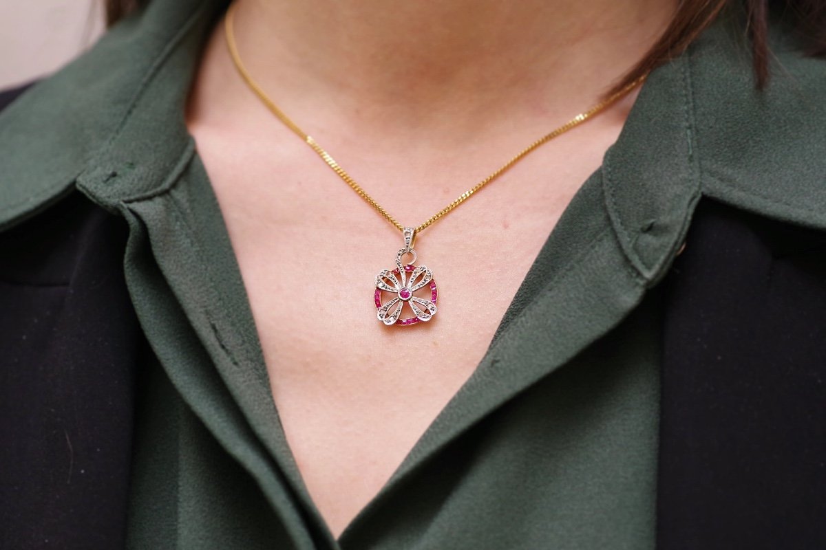 Art Deco Clover Ruby Pendant In Platinum And 18k Gold, Rose-cut Diamonds, Lucky Pendant-photo-3