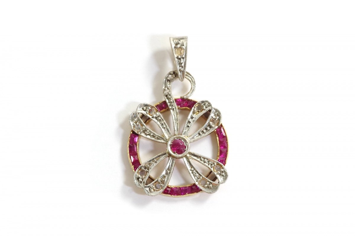 Art Deco Clover Ruby Pendant In Platinum And 18k Gold, Rose-cut Diamonds, Lucky Pendant