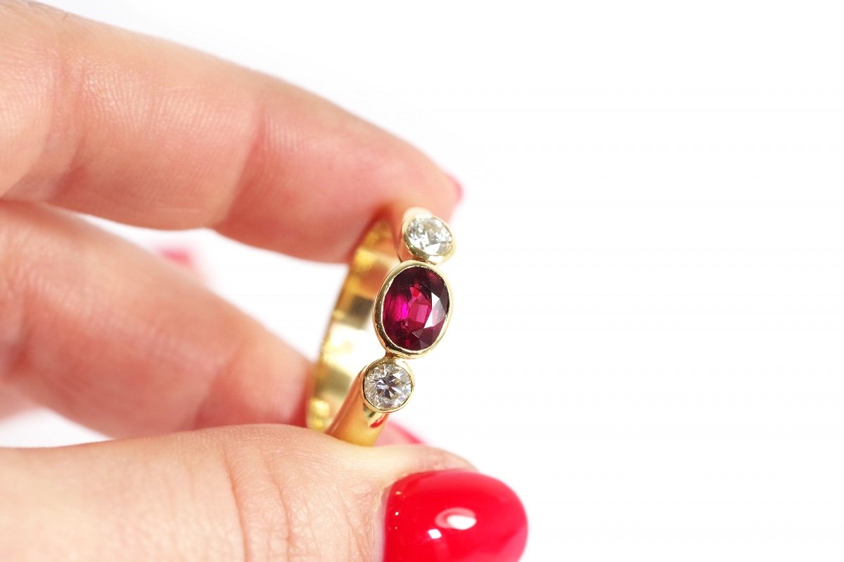 Trilogy Ruby And Diamond Ring In 18k Gold, Vintage Wedding Ring, Natural Ruby-photo-3