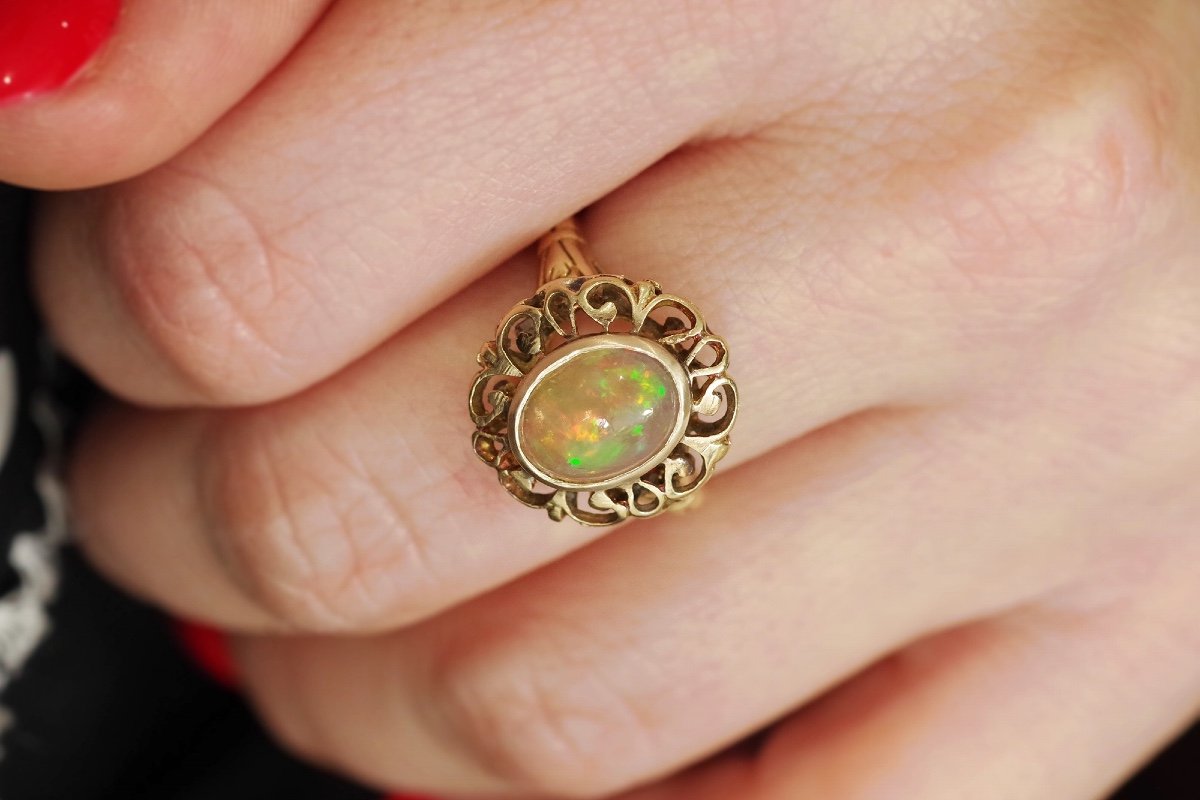 Retro Opal Ring In 14 Karat Rose Gold, Cabochon Cut Opal, Retro Jewelry, Vintage Ring-photo-4