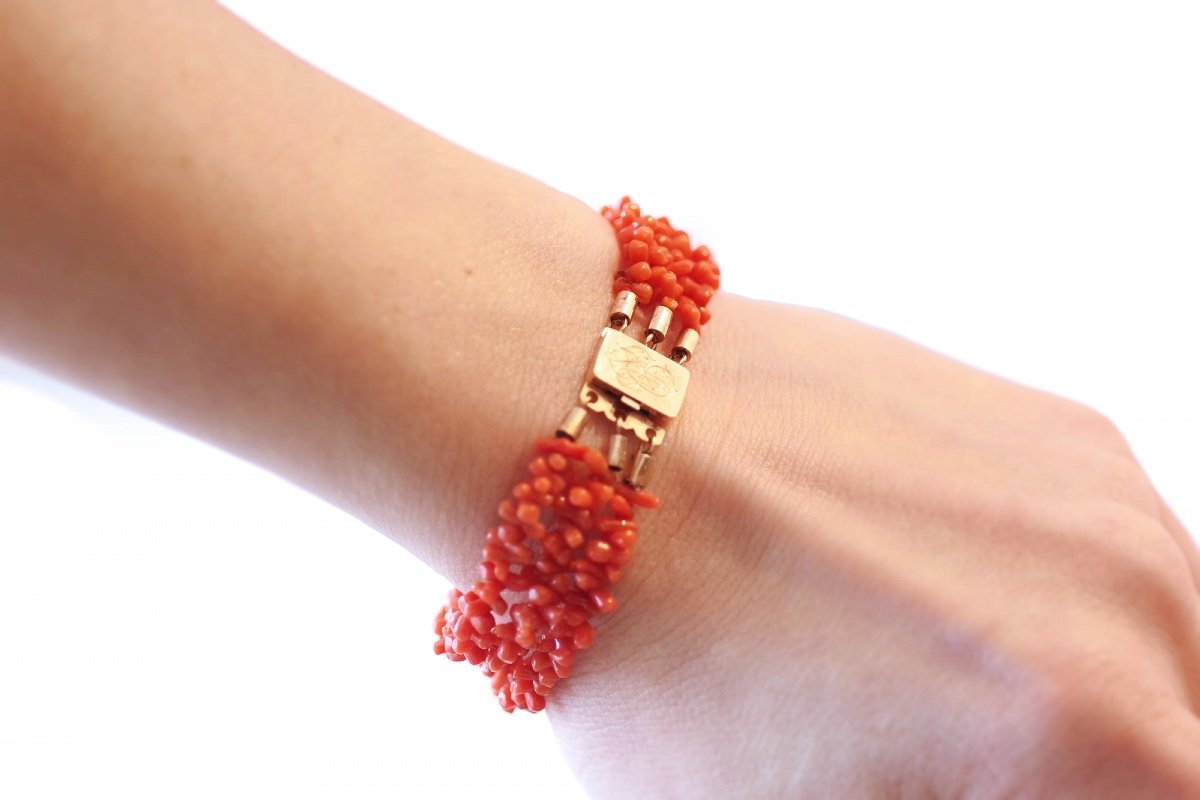 Antique Coral Bracelet And Clasp In 18k Gold, Gold Clasp, Victorian Rows Coral Bracelet-photo-2