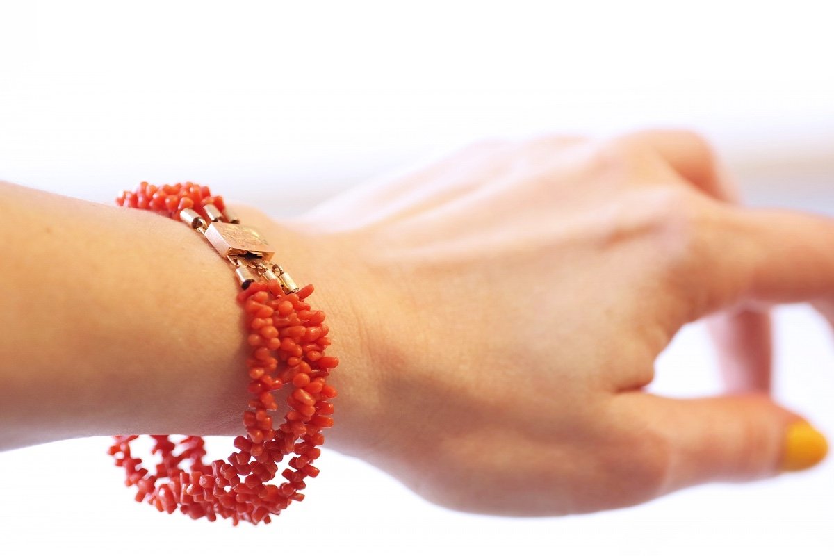Antique Coral Bracelet And Clasp In 18k Gold, Gold Clasp, Victorian Rows Coral Bracelet-photo-3