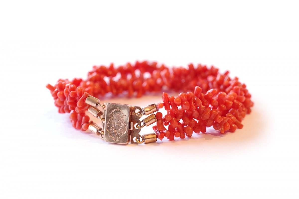 Antique Coral Bracelet And Clasp In 18k Gold, Gold Clasp, Victorian Rows Coral Bracelet-photo-4