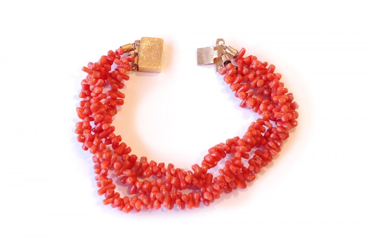 Antique Coral Bracelet And Clasp In 18k Gold, Gold Clasp, Victorian Rows Coral Bracelet-photo-1