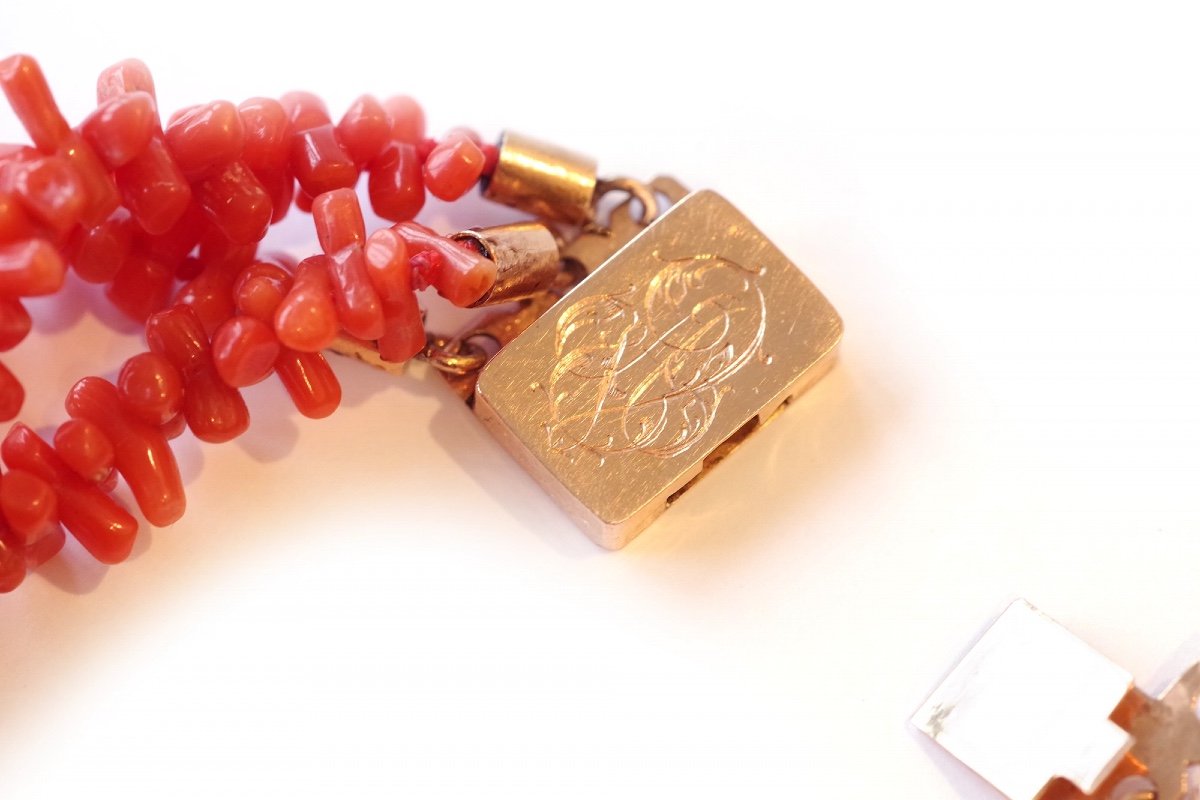 Antique Coral Bracelet And Clasp In 18k Gold, Gold Clasp, Victorian Rows Coral Bracelet-photo-2