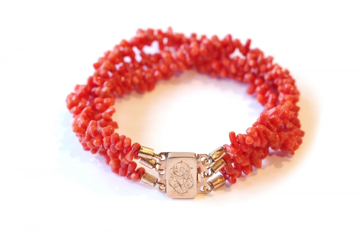 Antique Coral Bracelet And Clasp In 18k Gold, Gold Clasp, Victorian Rows Coral Bracelet