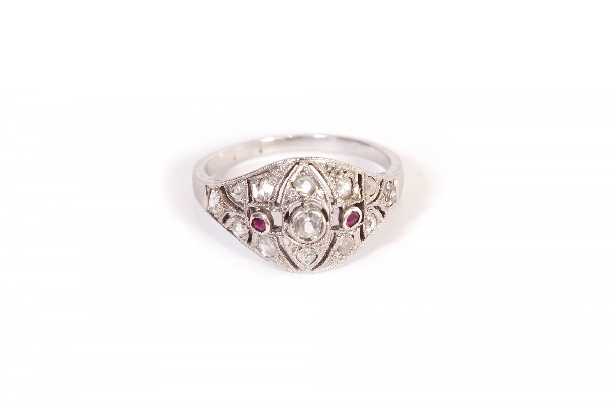 Art Deco Diamonds Ruby Ring In 18k White Gold, Rose Cut Diamond, Ruby Round Cut, Antique Ring-photo-2