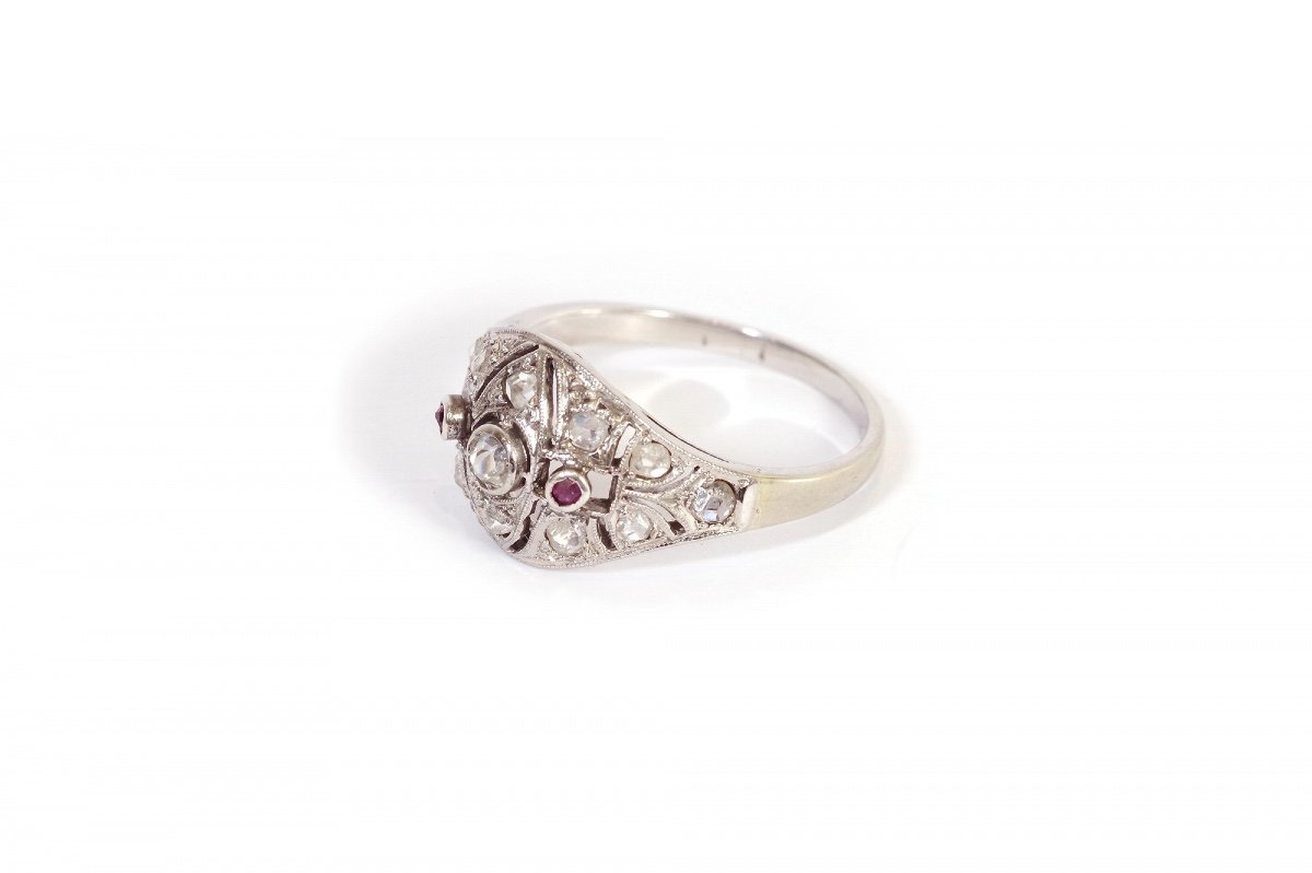 Art Deco Diamonds Ruby Ring In 18k White Gold, Rose Cut Diamond, Ruby Round Cut, Antique Ring-photo-3